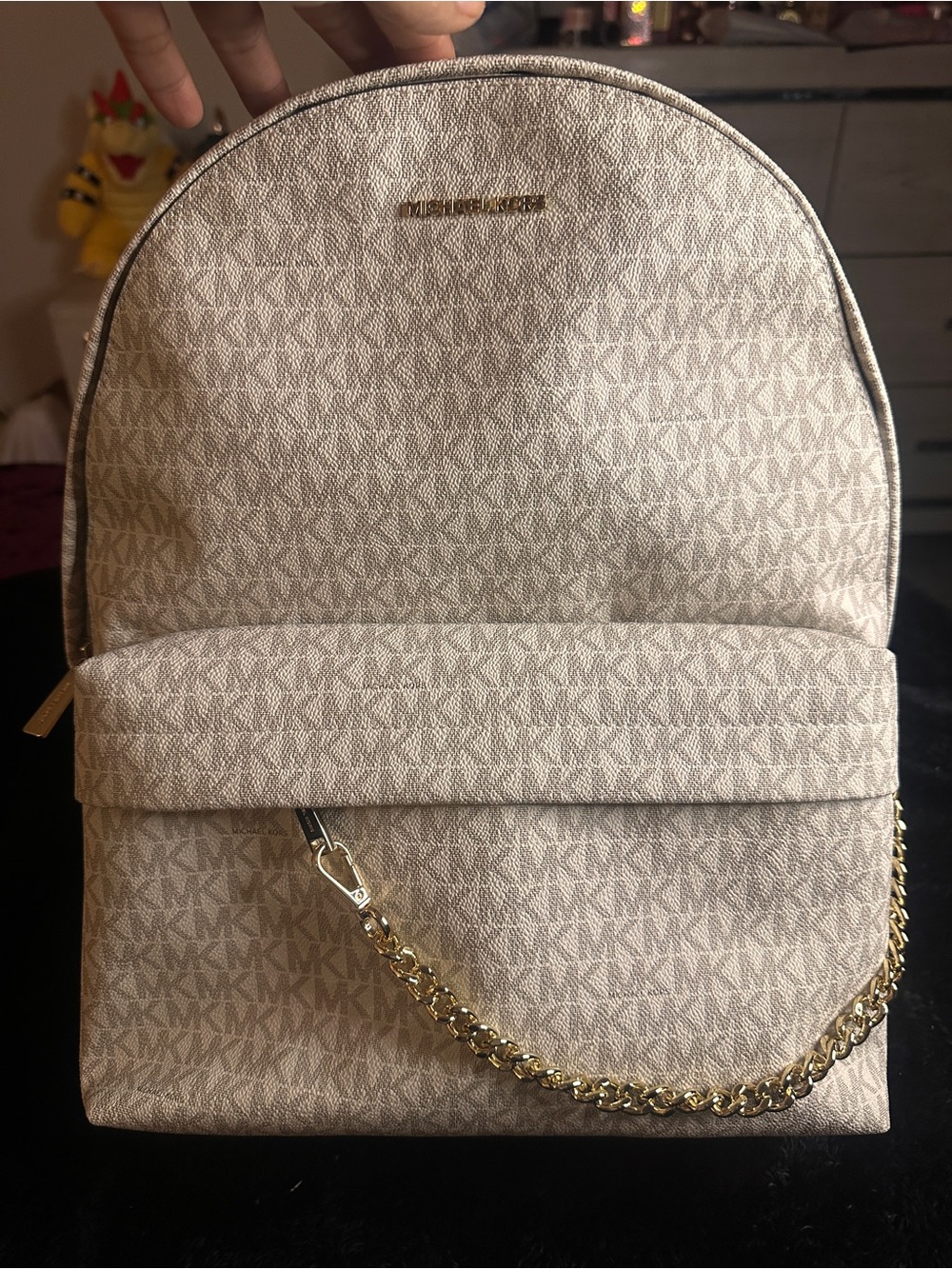 Michael Kors Beige MK Logo Mini Backpack with Gold Chain Accent